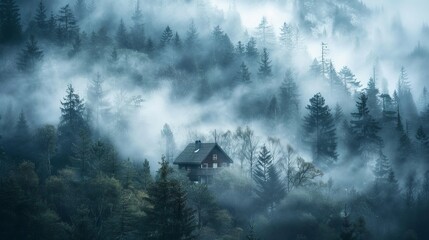 A mystical foggy forest with a hidden cabin nestled among the trees, Dense forest shrouded in mist