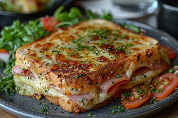 Croque Monsieur A Croque Monsieur sandwich with melted cheese and ham, topped with a golden bechamel sauce. Served with a side of mixed greens.