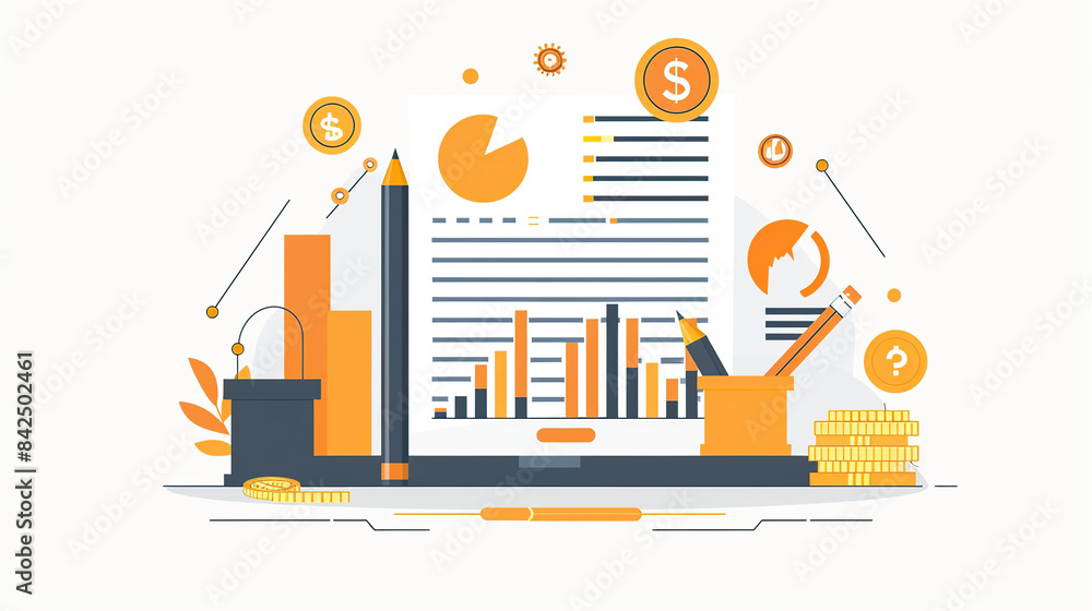 Poster flat vector illustration of financial data visualization charts and coins on a white background, in 