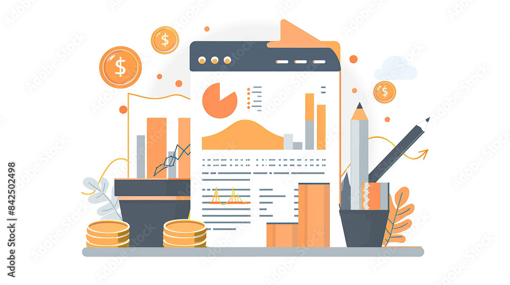 Poster flat vector illustration of financial data visualization charts and coins on a white background, in 