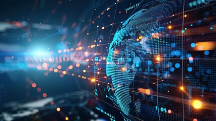 Digital world globe representing global network and connectivity on Earth, featuring high-speed data transfer, cyber technology, information exchange, and international telecommunications.