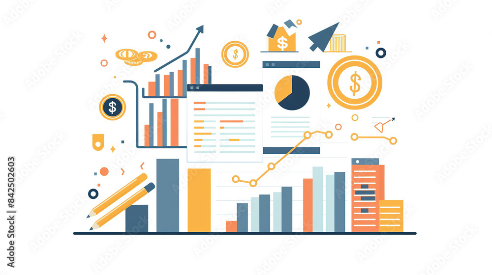 Poster flat vector illustration of financial data visualization charts and coins on a white background, in 