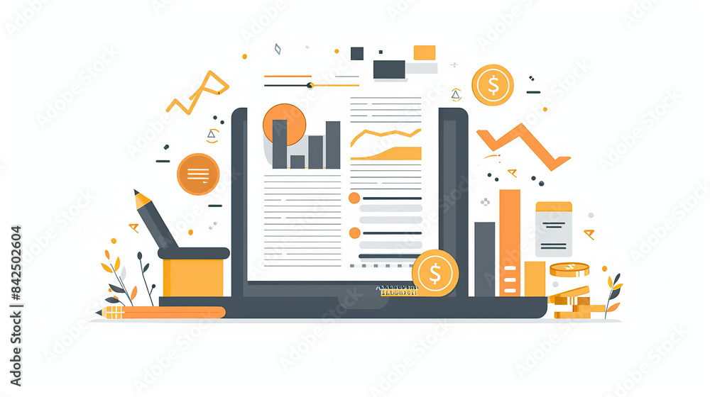 Poster flat vector illustration of financial data visualization charts and coins on a white background, in 