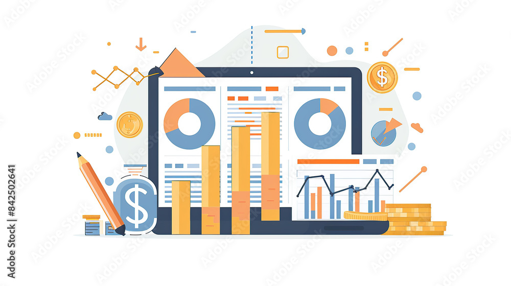 Poster flat vector illustration of financial data visualization charts and coins on a white background, in 