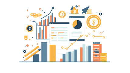 Obraz premium Flat vector illustration of financial data visualization charts and coins on a white background, in a flat design style with simple lines and shapes