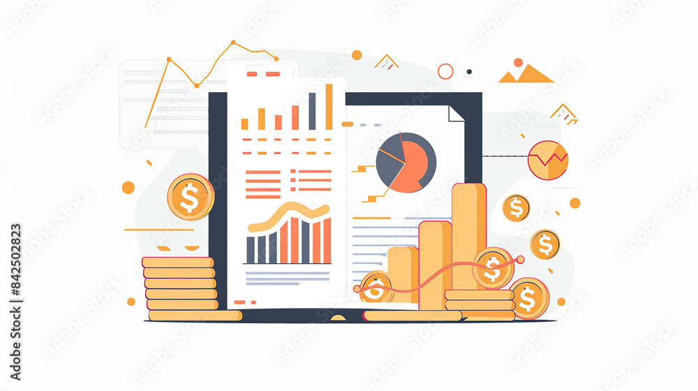Poster flat vector illustration of financial data visualization charts and coins on a white background, in 