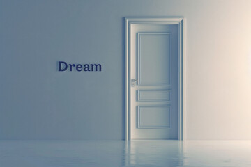 A simple door with minimalist text "Dream" in a clean font, centered on it. The background is plain, drawing attention to the text and the door