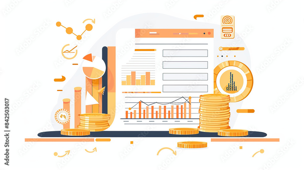 Poster flat vector illustration of financial data visualization charts and coins on a white background, in 