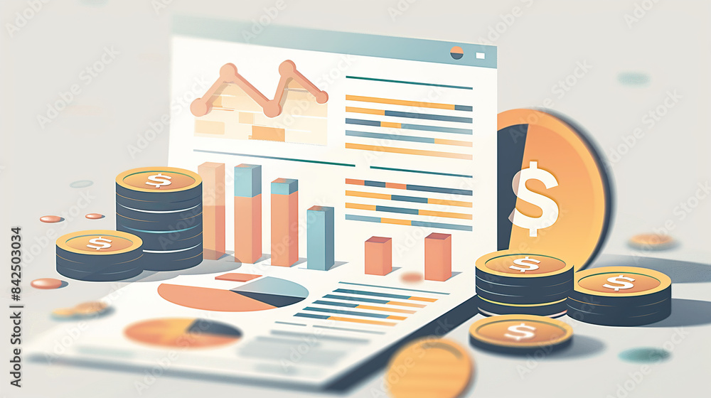 Poster flat vector illustration of financial data visualization charts and coins on a white background, in 