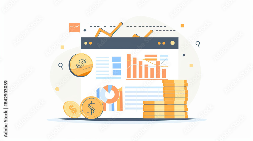 Poster flat vector illustration of financial data visualization charts and coins on a white background, in 