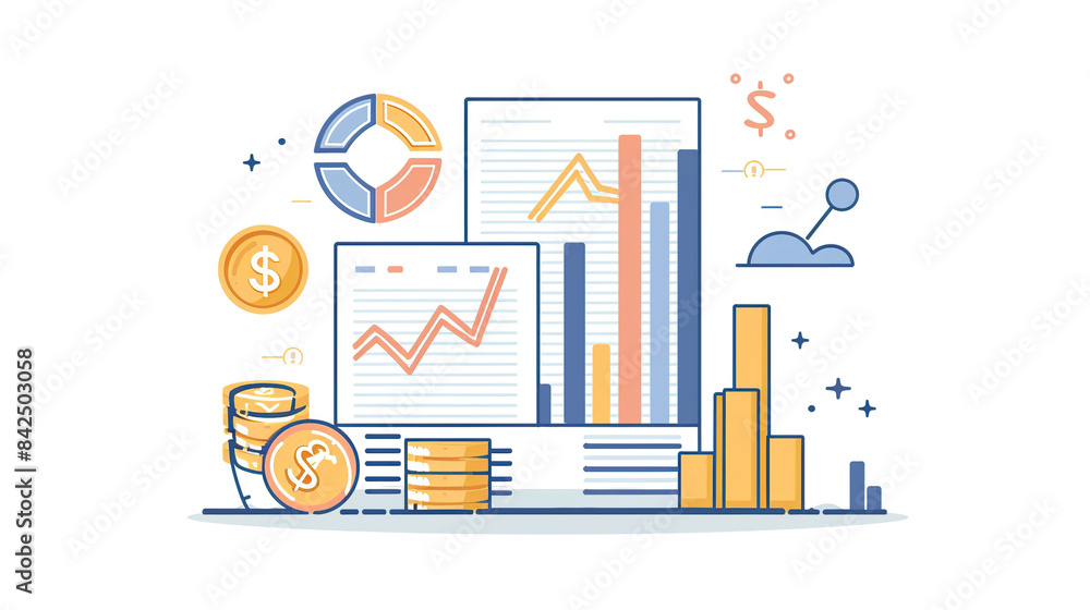 Poster flat vector illustration of financial data visualization charts and coins on a white background, in 