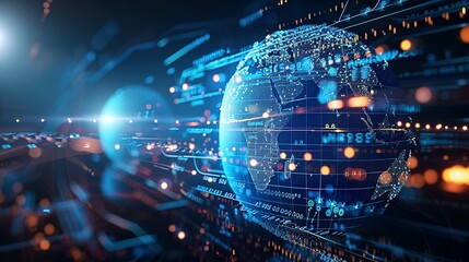 Digital world globe representing global network and connectivity on Earth, featuring high-speed data transfer, cyber technology, information exchange, and international telecommunications.