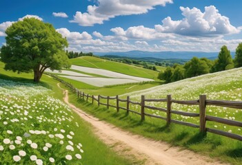 a painting of a dirt road going through a lush green field