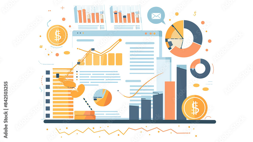 Poster flat vector illustration of financial data visualization charts and coins on a white background, in 
