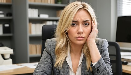 A blonde businesswoman looks stressed and overwhelmed while sitting at her desk in a modern office environment.
