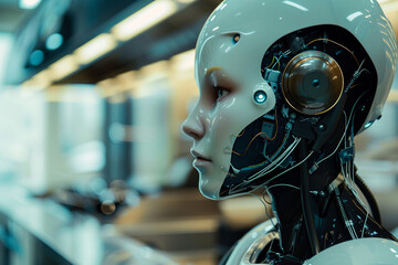 Fototapeta premium Generative AI creative picture Robot cyborg in activities of daily life house duties living together with people