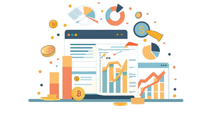 Flat vector illustration of financial data visualization charts and coins on a white background, in a flat design style with simple lines and shapes