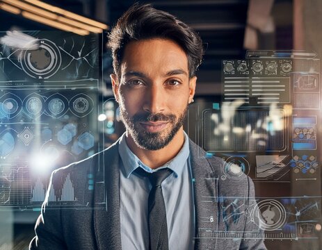 Programming coding and man with focus, hologram and trading with cyber security, futuristic and research. Male person, investor and employee with data analysis, server or investment with website info - Powered by Adobe