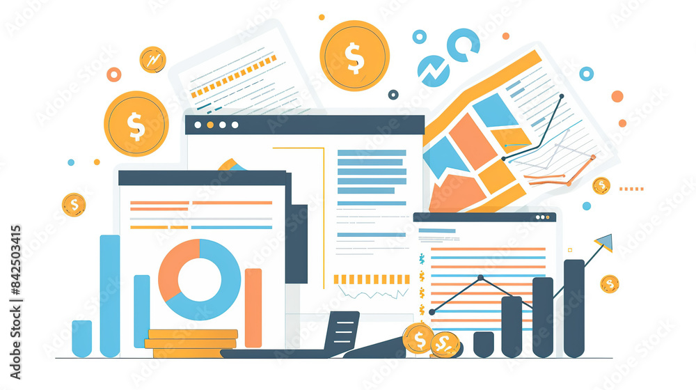 Poster flat vector illustration of financial data visualization charts and coins on a white background, in 