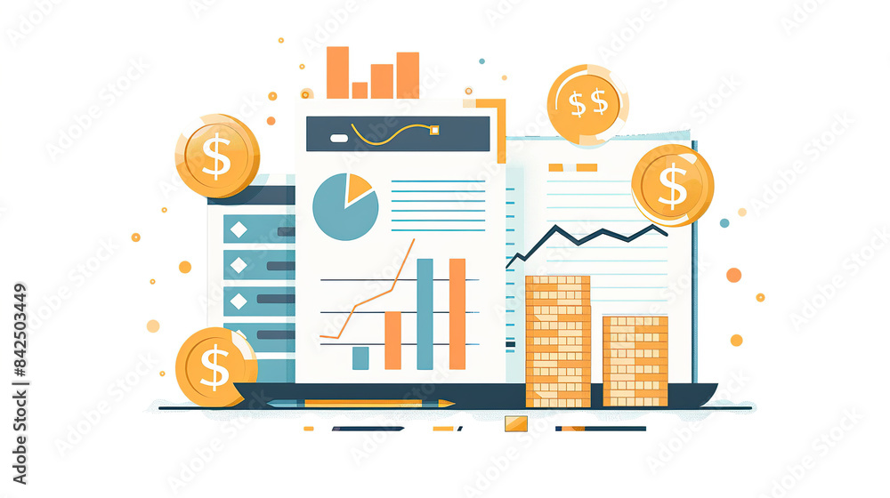 Poster flat vector illustration of financial data visualization charts and coins on a white background, in 