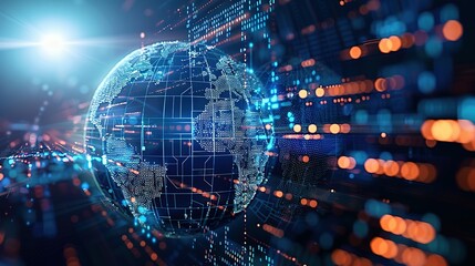 Fototapeta premium Digital world globe representing global network and connectivity on Earth, featuring high-speed data transfer, cyber technology, information exchange, and international telecommunications.