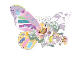 Floral series of greeting backgrounds with cute insects, an abstract butterfly decorated with roses, daisies, leaves and other flowers. Hand drawn vector illustration.