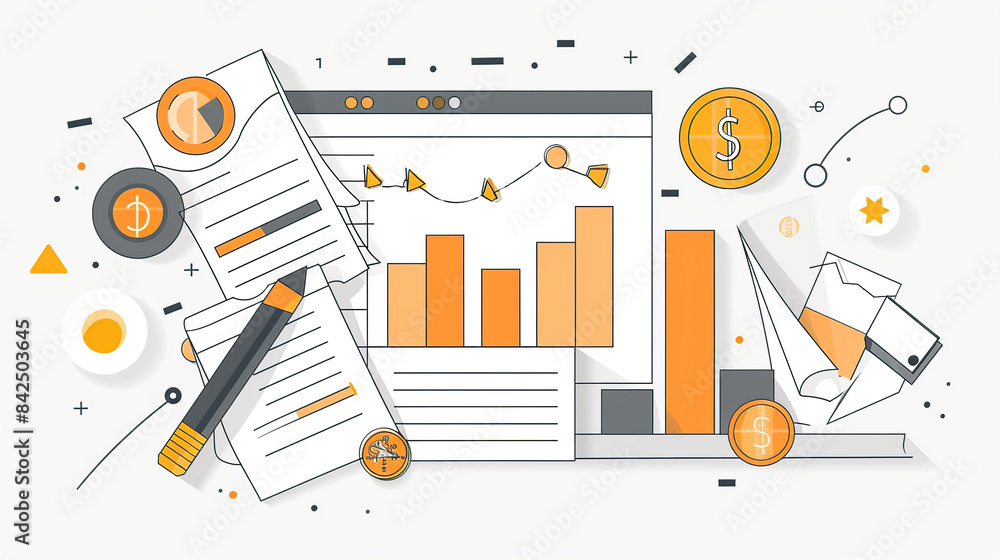 Poster flat vector illustration of financial data visualization charts and coins on a white background, in 