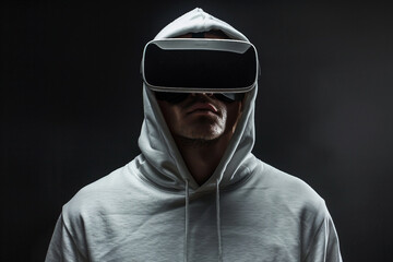 Person in vr virtual reality goggles visiting metaverse gaming world tech addicted, Generative AI