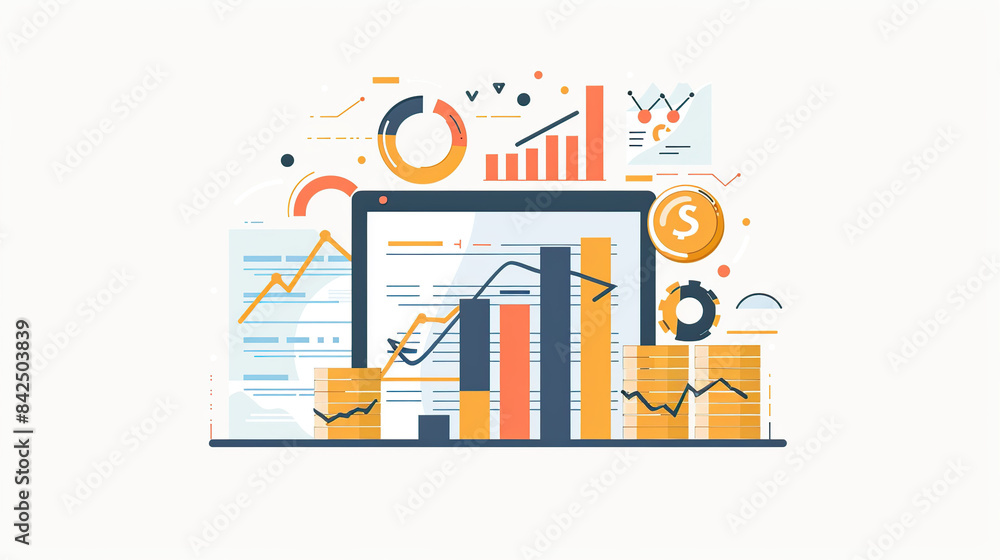 Poster flat vector illustration of financial data visualization charts and coins on a white background, in 