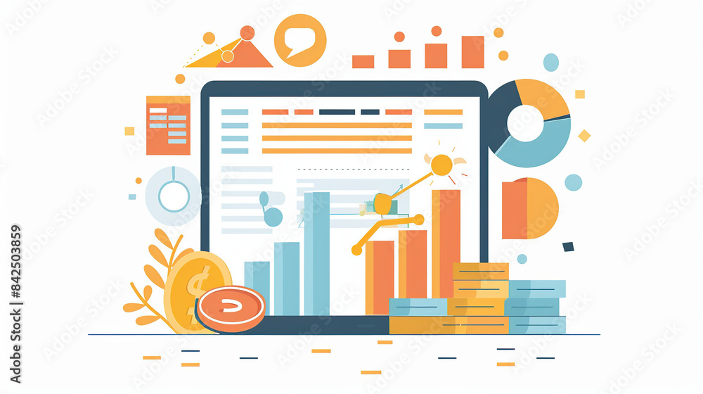 Poster flat vector illustration of financial data visualization charts and coins on a white background, in 