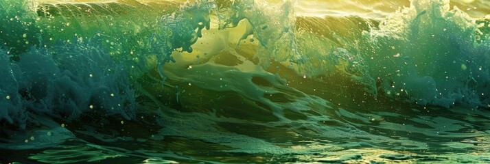 Green Water. Breaking Wave in Big Surf Backlit by Summer Sunrise