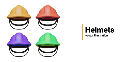 Set of construction helmets of different colors. Vector 3D hard hat with straps, front view