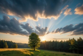 a tree in a field with the sun shining through the clouds