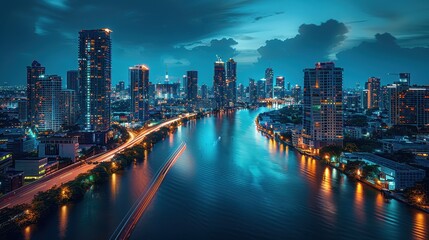 Stunning city skyline at night with illuminated skyscrapers and a serene river reflecting the lights, creating a vibrant urban landscape.