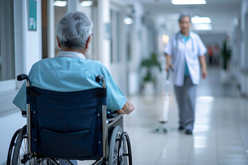 Obraz premium Nurse hospital health services, smiling nurse caring for the aged granny grandpa, Generative AI picture