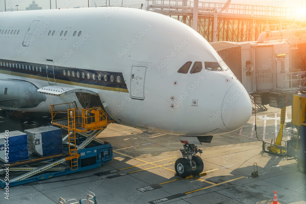 Wall mural Huge airplane jet connected to terminal via jet bridge