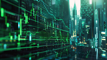 modern financial stock market background in the style of green trading chart and cityscape