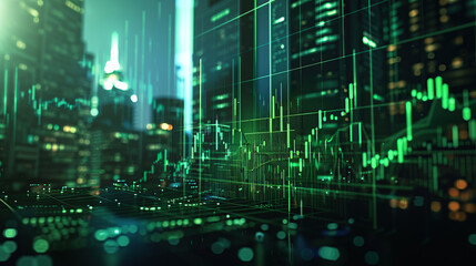 modern financial stock market background in the style of green trading chart and cityscape