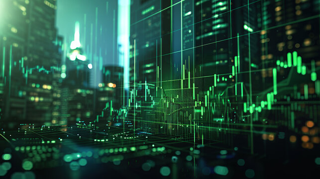 modern financial stock market background in the style of green trading chart and cityscape
