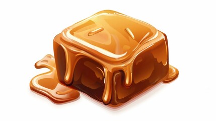 Delicious caramel candy melting slightly on a white background, showcasing its rich and smooth texture. Perfect for food-related content and packaging design visuals.  AI