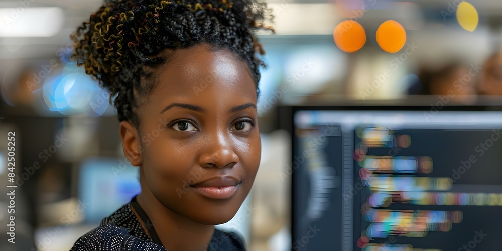 Poster dedicated afro woman programmer focused on software development. concept afro female programmer, sof
