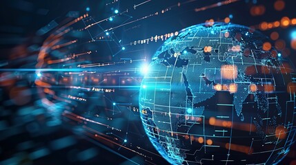 Digital world globe representing global network and connectivity on Earth, featuring high-speed data transfer, cyber technology, information exchange, and international telecommunications.
