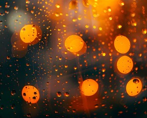 Obraz premium A raindrops on the window, with blurred lights in orange tones 