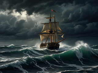 Obraz premium A strong ship sailing through stormy seas with towering waves crashing against the hull.