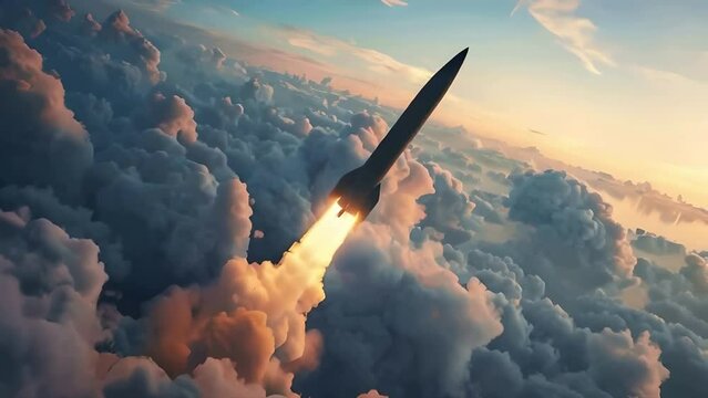 missile flying through clouds, rocket launch concept