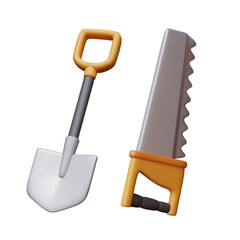 Realistic shovel, saw on white background. Classic hand tools