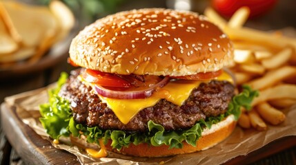 Burger from a quick service restaurant served with melted cheese for dipping