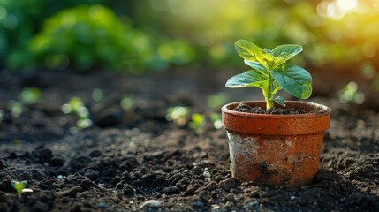 A small empty flower pot lies on the dirt floor in the garden, with small seedlings in the soil.