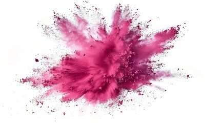 A pink powder explosion with particles flying in all directions, creating a dramatic and chaotic effect. Isolated on a white background, the image emphasizes the intensity and energy of the explosion.
