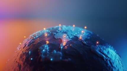 Global Network Connections with Map Pins on a Blue Earth: Worldwide Communication, Network Connections, and International Travel and Data Exchange Concept
